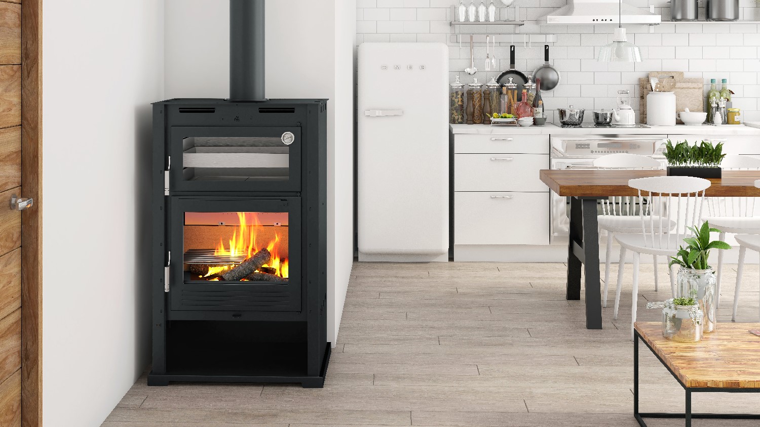 Estufa de leña M-107 FM Calefacción con horno de acero inoxidable y turbina opcional