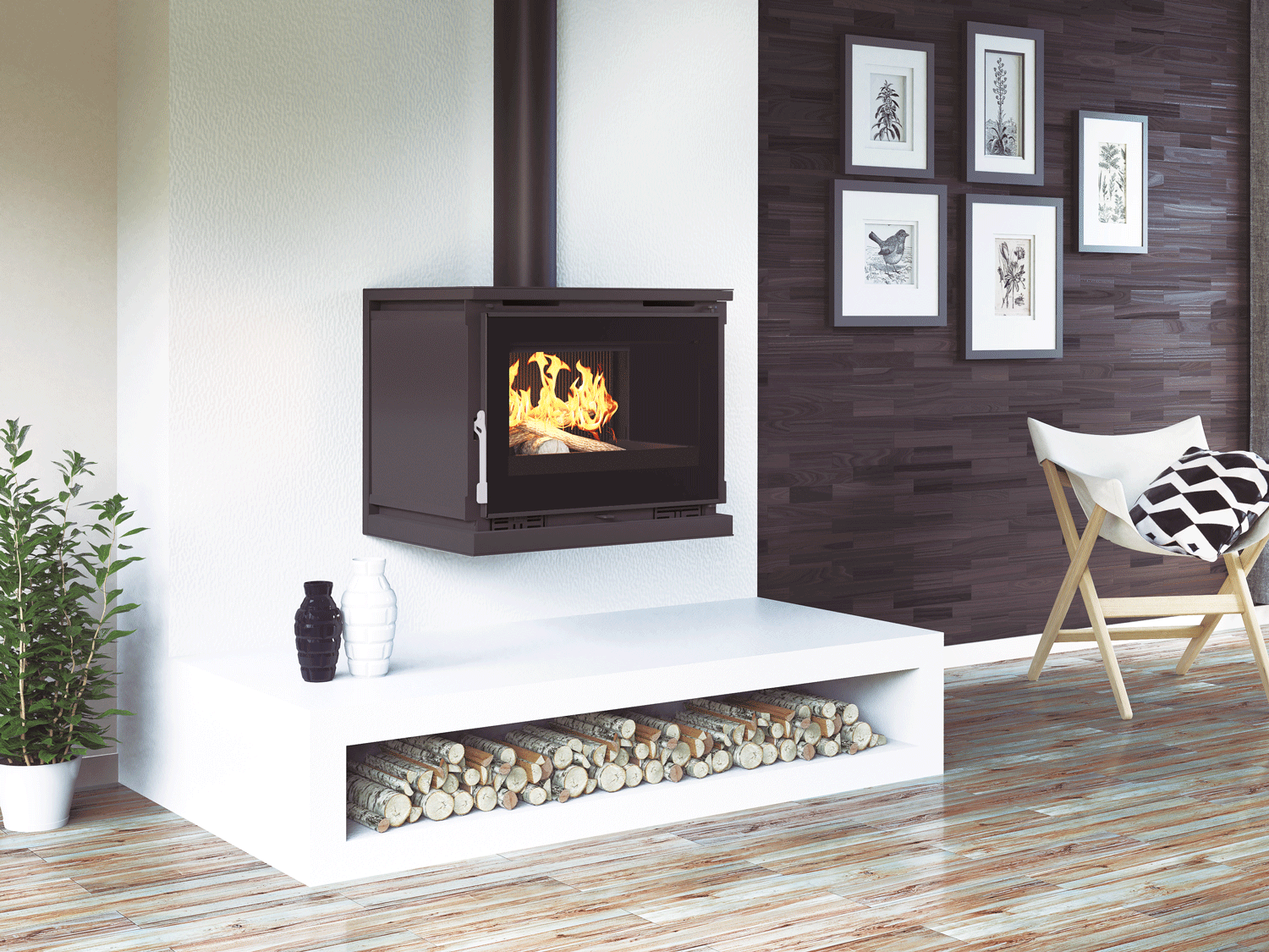 Estufa de leña M-170 FK FM Calefacción colgante con ventiladores y cristal serigrafiado