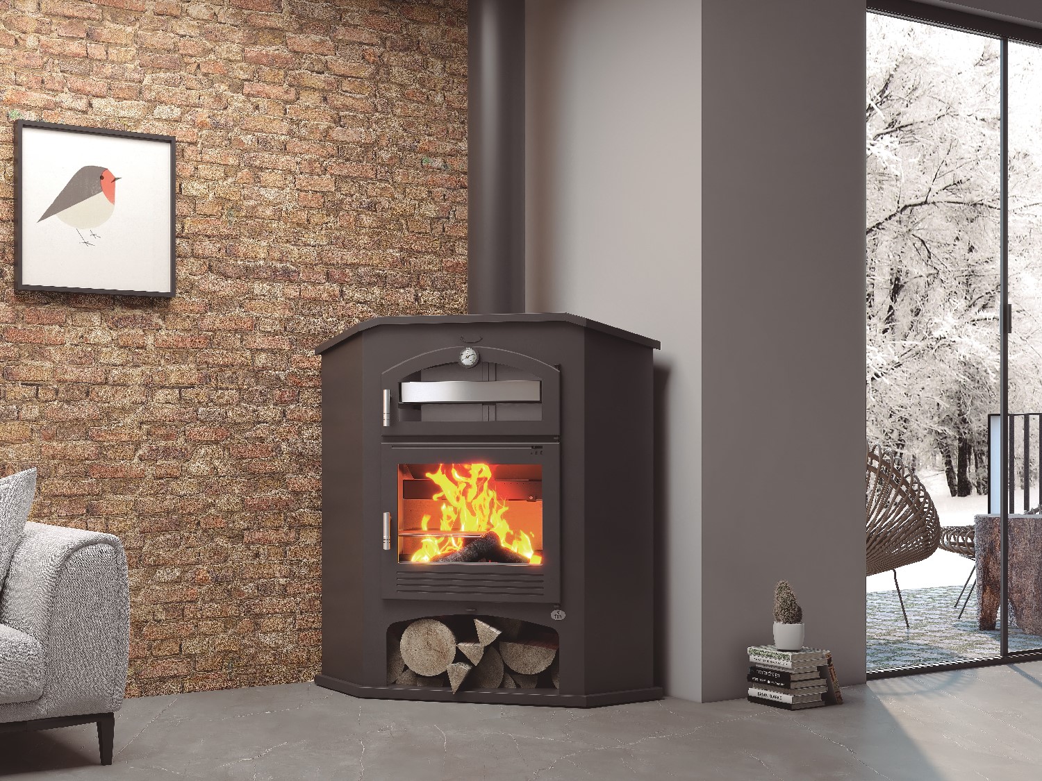 Estufa de leña M-106 R FM Calefacción rincón con horno envolvente de acero inoxidable