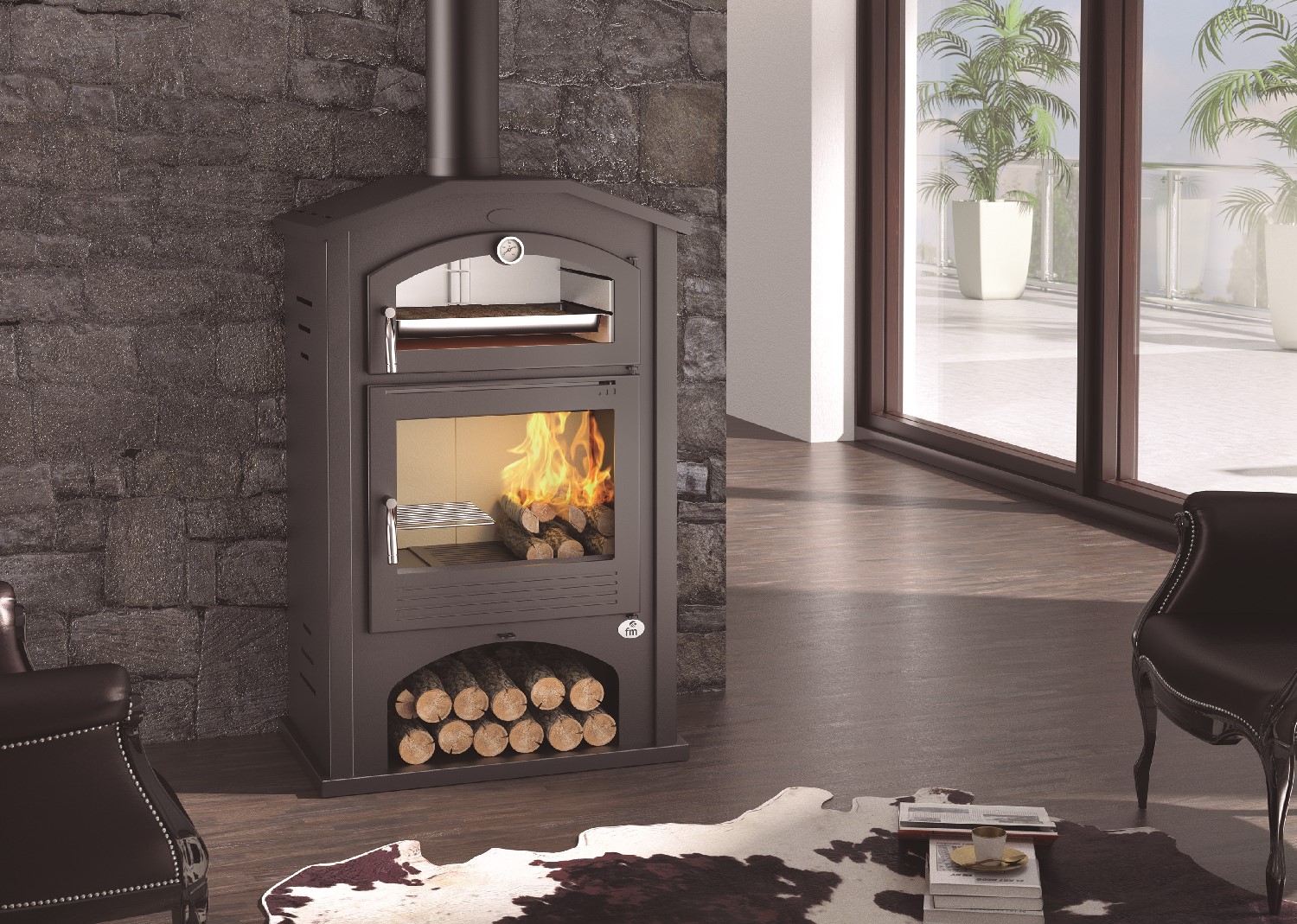Estufa de leña M-106 FM Calefacción con horno envolvente y doble cámara