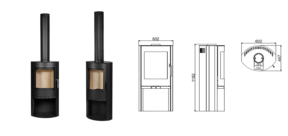 Estufa de leña Rin de EcoForest con diseño redondo y leñero