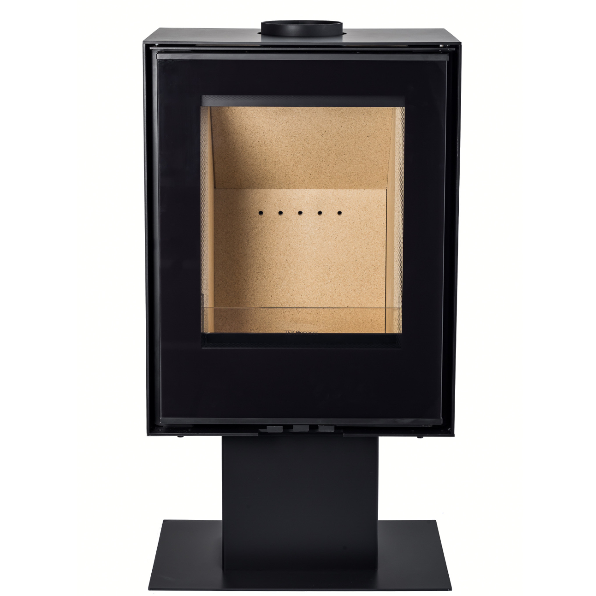 Estufa de leña Evertek RT con base rectangular, cuerpo en acero negro y amplio cristal neocerámico