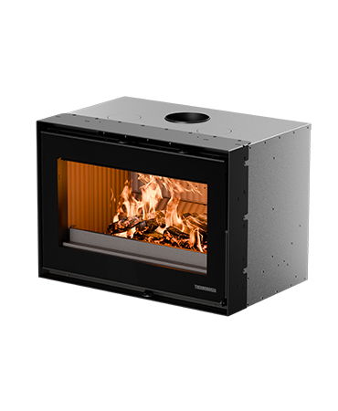 Insertable de leña Skyline 490 con visión panorámica del fuego y ventilación canalizable